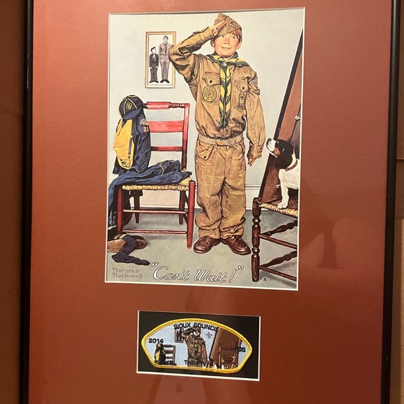 Framed 1960' Norman Rockwell BSA
Boy Scout Print "CANT WAIT" w/
Shoulder Patch - Picture 2 of 3